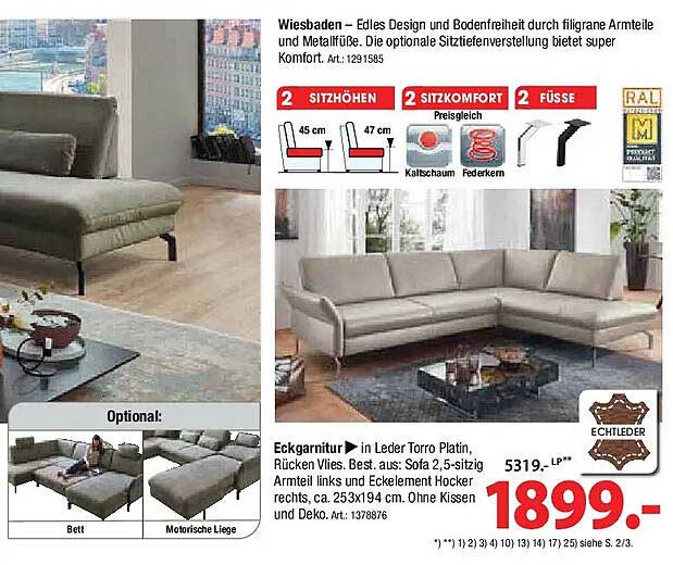 Eckgarnitur in Leder Toro Platin – Neuheiten von Zurbrüggen