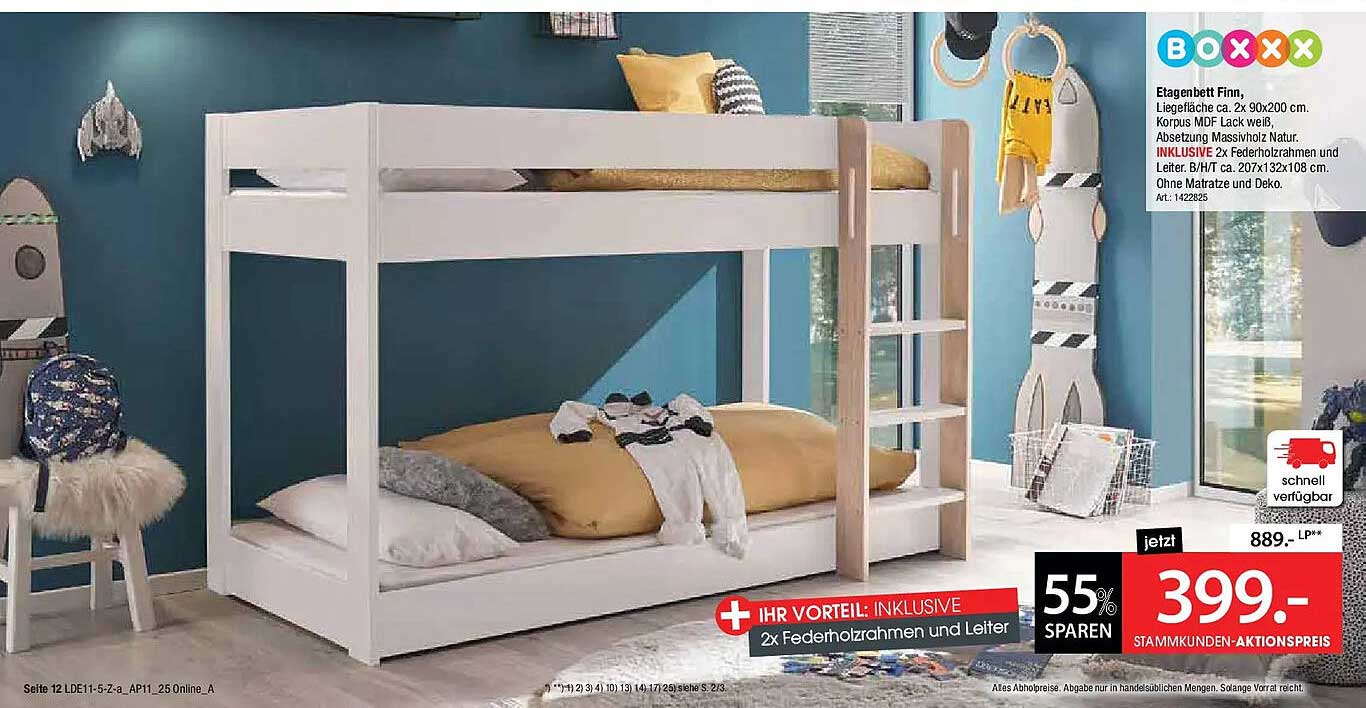 Etagenbett Finn mit einer Liegefläche von 2x 90x200 cm