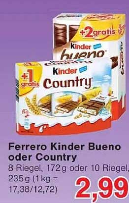 Ferrero Kinder Bueno oder Country - 8 Riegel, 172 g oder 10 Riegel, 235 g
