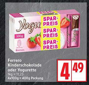 Ferrero Kinderschokolade oder Yogurette 4x100g Packung