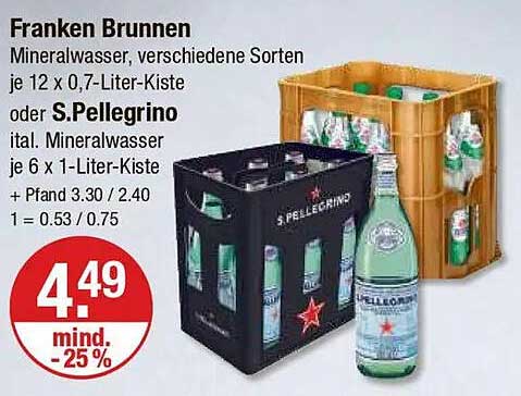 Franken Brunnen Mineralwasser, verschiedene Sorten je 12 x 0,7-Liter-Kiste oder S.Pellegrino it. Mineralwasser je 6 x 1-Liter-Kiste