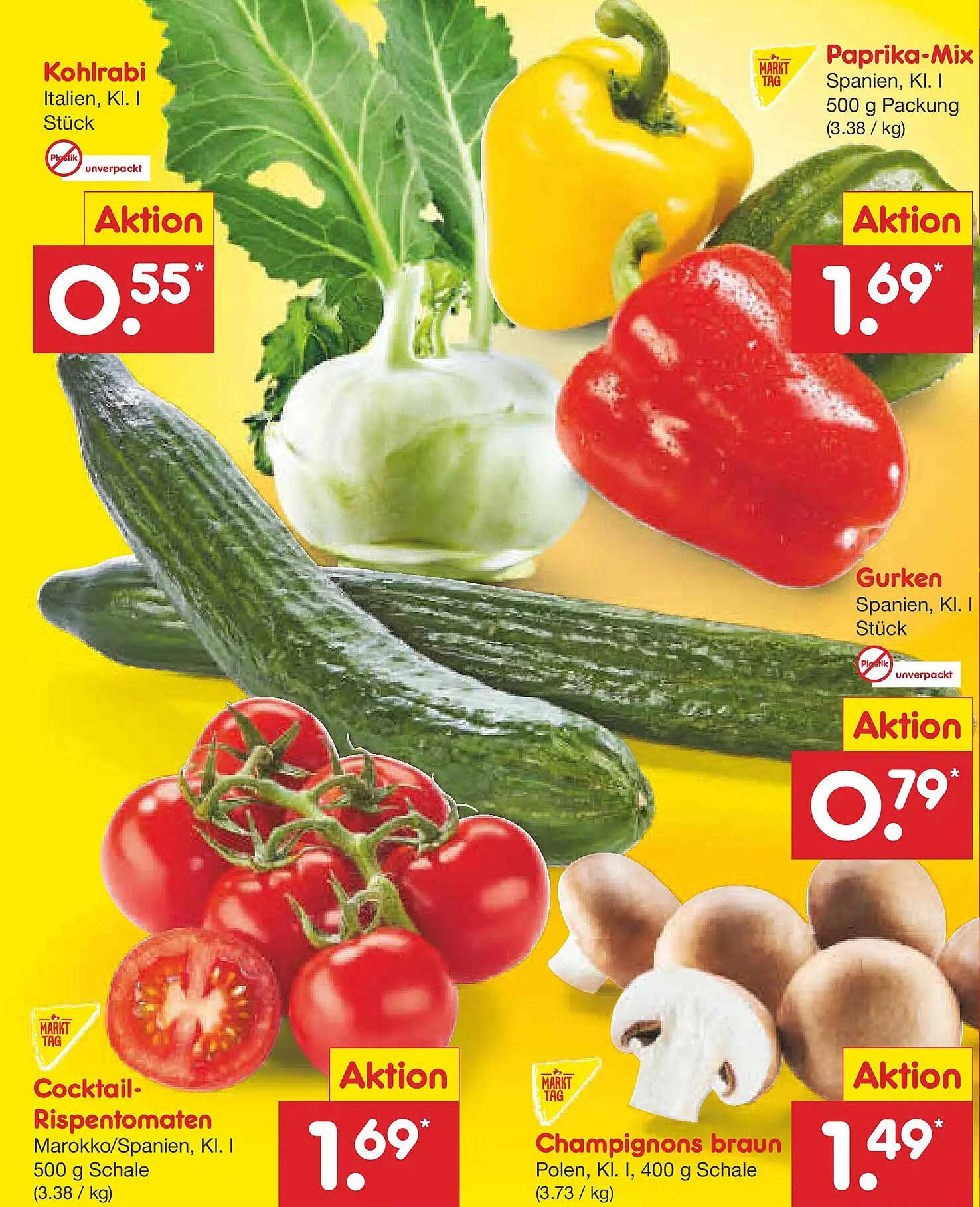 Frisches Gemüse im Netto Marken-Discount-Prospekt: Kohlrabi, Paprika-Mix, Gurken, Cocktail-Rispentomaten, Champignons