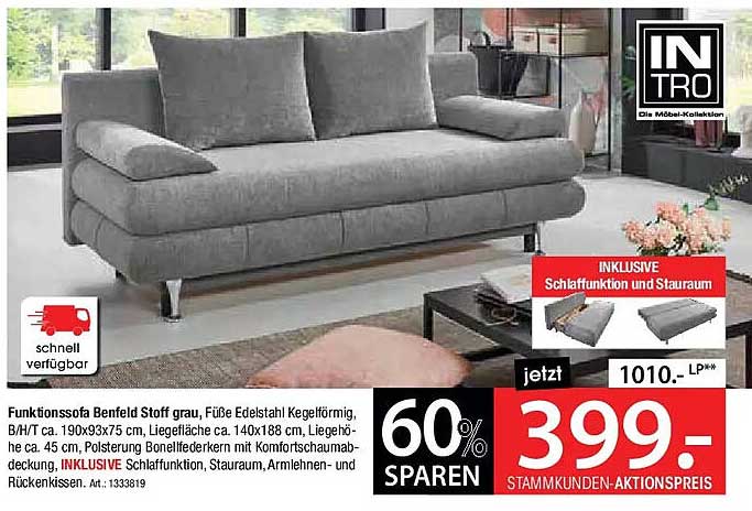 Funktionsofa Benfeld in Grau mit Schlaffunktion und Stauraum
