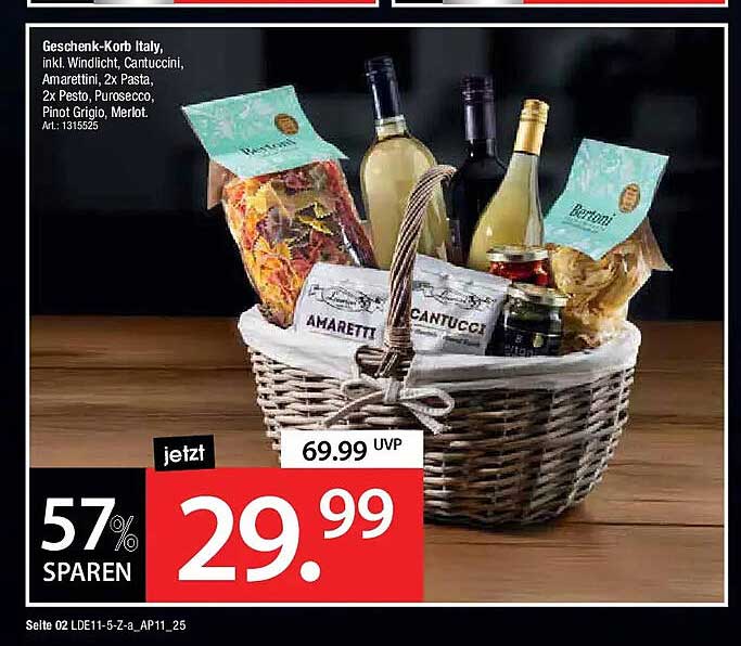 Geschenkkorb Italy, inkl. Windlicht, Cantuccini, Amaretti, 2x Pasta, 2x Pesto, Prosecco, Pinot Grigio, Merlot.