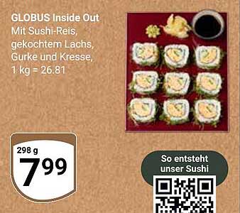 GLOBUS Inside Out Sushi - Mit Sushi-Reis, gekochtem Lachs, Gurke und Kresse, 298 g