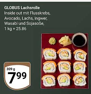 GLOBUS Lachrolle - Inside out mit Flusskrebsen, Avocado, Lachs, Ingwer, Wasabi und Sojasauce
