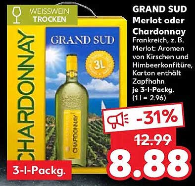 GRAND SUD Merlot oder Chardonnay 3L