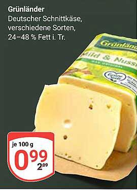 Grünländer Deutscher Schnittkäse, verschiedene Sorten, 24–48 % Fett i. Tr.