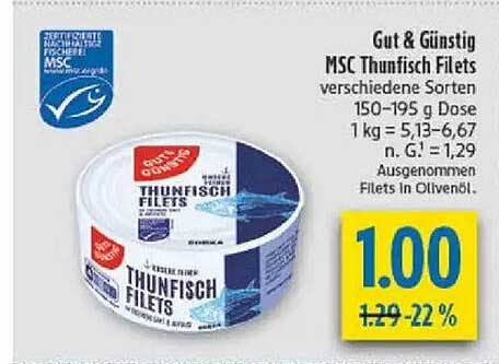 Gut & Günstig MSC Thunfisch Filets 150-195 g Dose