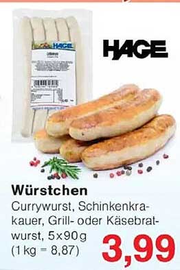 HAGE Würstchen - Currywurst, Schinkenkrakauer, Grill- oder Käsebratwurst, 5x90g