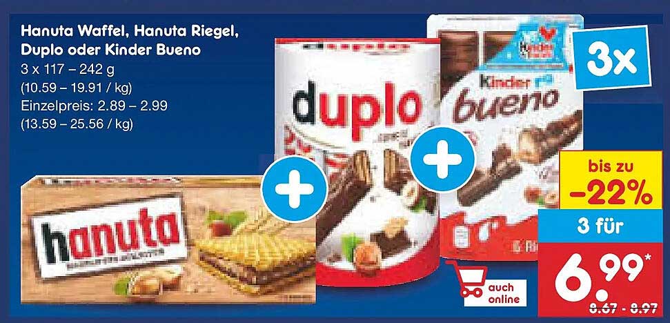 Hanuta Waffel, Hanuta Riegel, Duplo oder Kinder Bueno – 3 für 6,99€