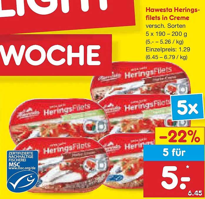 Hawesta Heringsfilets in Creme, 5 x 190-200 g