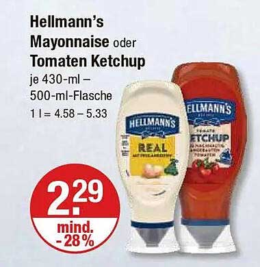 Hellmann's Mayonnaise oder Tomaten Ketchup - Jede 430-ml- bis 500-ml-Flasche