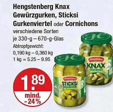 Hengstenberg Knax Gewürzgurken, Sticksi Gurkenviertel oder Cornichons