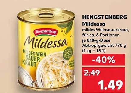 HENGSTENBERG Mildessa mildes Weinsauerkraut, 810 g Dose