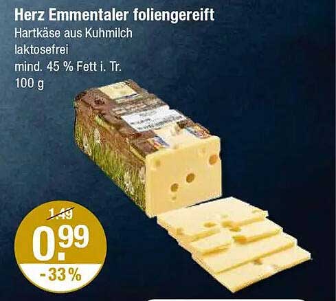 Herz Emmentaler foliengereift - Hartkäse aus Kuhmilch, laktosefrei