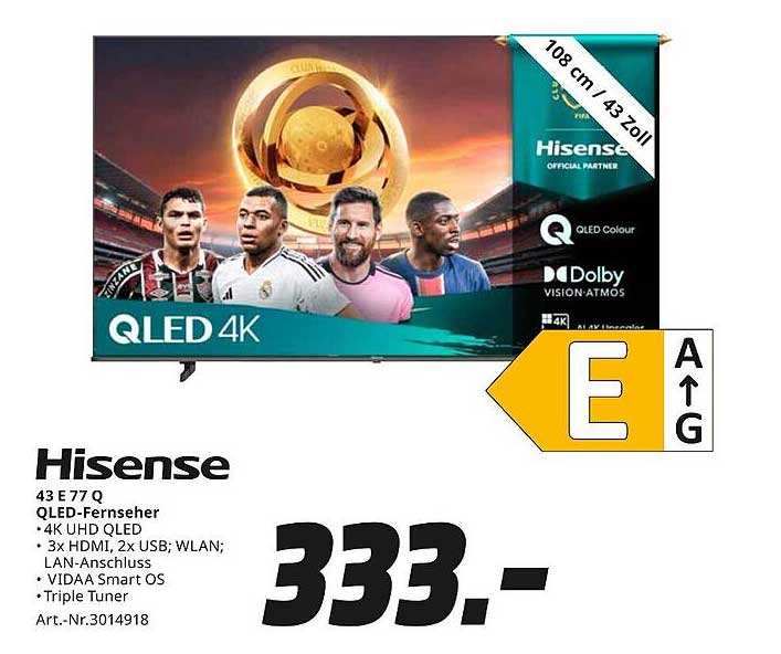 Hisense 43 E 77 Q QLED-Fernseher - 4K UHD QLED