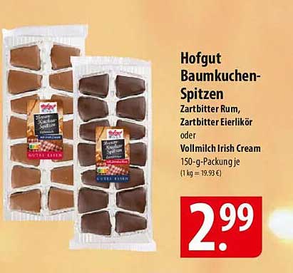 Hofgut Baumkuchen-Spitzen Zartbitter Rum, Zartbitter Eierlikör oder Vollmilch Irish Cream 150-g-Packung