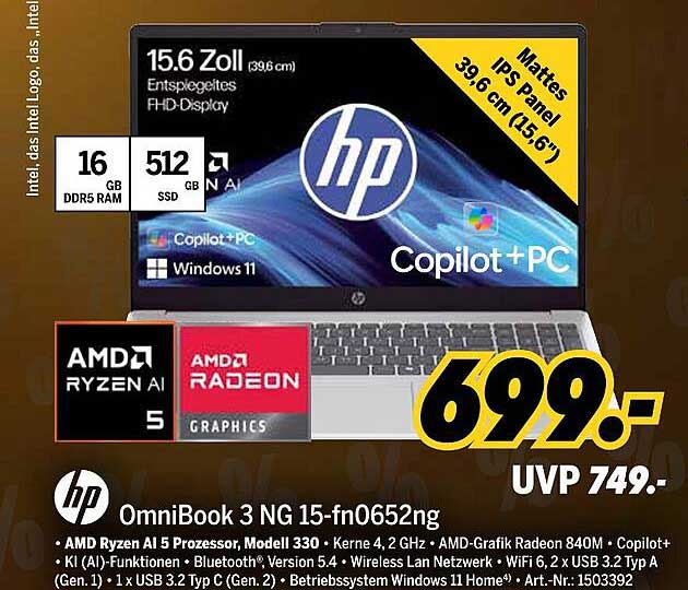 HP OmniBook 3 NG 15-fn0652ng - Laptop mit AMD Ryzen 5 und 512 GB SSD