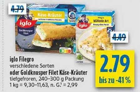 Iglo Filegro verschiedene Sorten oder Goldknusper Filet Käse-Kräuter tiefgefroren, 240–300 g