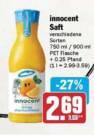 innocent Saft verschiedene Sorten 750 ml / 900 ml PET Flasche + 0.25 Pfand