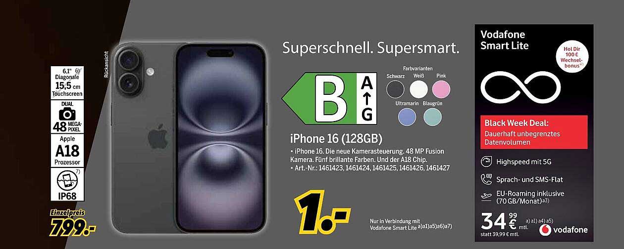 iPhone 16 (128GB) für 1€ mit Vodafone Smart Lite
