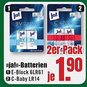 ja! Batterien 2er-Pack (E-Block 6LR61 und C-Baby LR14)