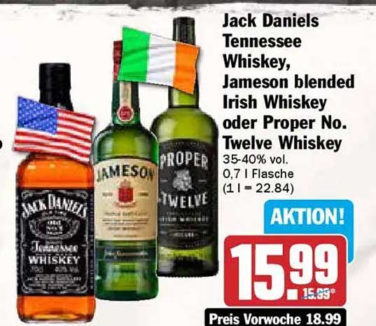 Jack Daniels Tennessee Whiskey, Jameson Blended Irish Whiskey oder Proper No. Twelve Whiskey