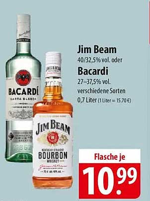 Jim Beam oder Bacardi – Flasche je 10,99 €