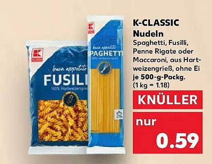K-CLASSIC Nudeln - Spaghetti, Fusilli, Penne Rigate oder Maccaroni, 500 g Packung