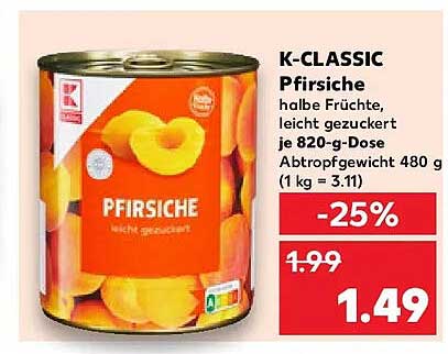 K-CLASSIC Pfirsiche halbe Früchte, leicht gezuckert je 820-g-Dose