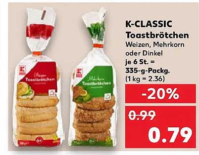 K-CLASSIC Toastbrötchen Weizen, Mehrkorn oder Dinkel