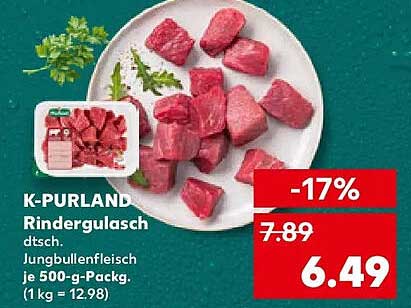 K-PURLAND Rindergulasch - Jungbullenfleisch je 500-g-Pack.