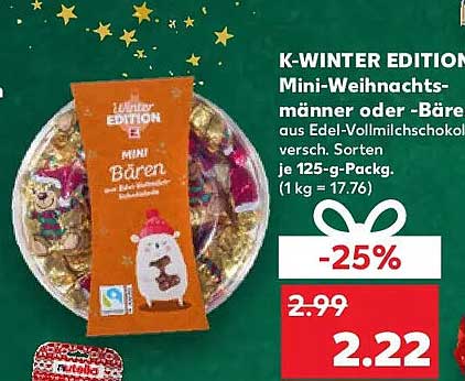 K-WINTER EDITION Mini-Weihnachtsmänner oder -Bären aus Edel-Vollmilchschokolade