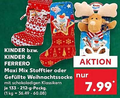 KINDER bzw. KINDER & FERRERO Maxi Mix Stofftier oder Gefüllte Weihnachtssocken