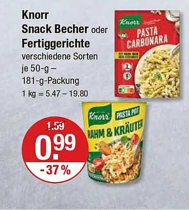 Knorr Snack Becher oder Fertiggerichte - verschiedene Sorten je 50-g - 181-g-Packung