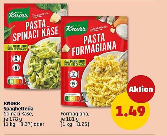 KNORR Spaghetti Pasta Spinaci Käs und Formagiana - je 178 g oder 181 g zum Aktionspreis