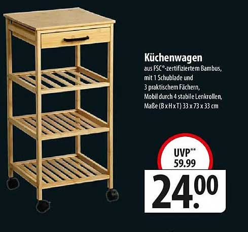 Küchenwagen aus FSC-zertifiziertem Bambus mit 1 Schublade und 3 praktischen Fächern