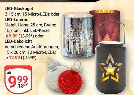 LED-Glaskugel Ø 15 cm, 15 Micro-LEDs oder LED-Laterne