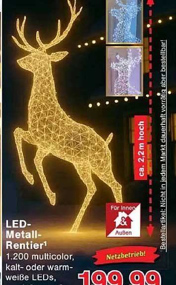 LED-Metall-Rentier 1.200 multicolor, kalt- oder warmweiße LEDs, ca. 2,2 m hoch