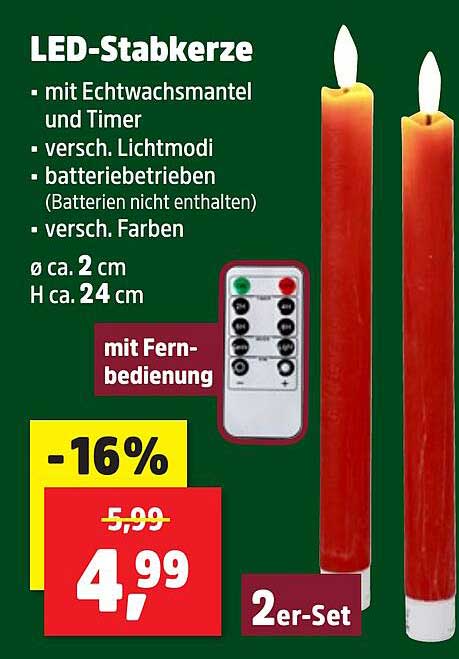 LED-Stabkerzen im 2er-Set mit Echtwachsbaumantel und Fernbedienung