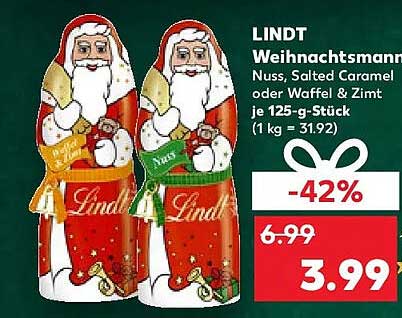 LINDT Weihnachtsmann Nuss, Salted Caramel oder Waffel & Zimt je 125-g-Stück