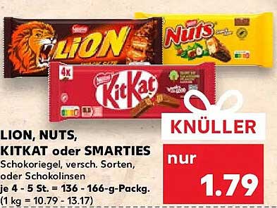 LION, NUTS, KITKAT oder SMARTIES Schokoriegel - nur 1,79