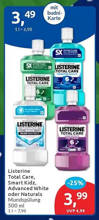 Listerine Total Care, Smart Kidz, Advanced White oder Naturals Mundspülung 500 ml