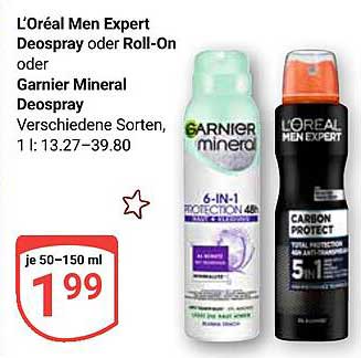 L’Oréal Men Expert Deospray oder Roll-On oder Garnier Mineral Deospray