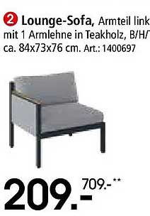 Lounge-Sofa, Armteil links mit 1 Armlehne in Teakholz, B/H ca. 84x73x76 cm, Art.: 1400697