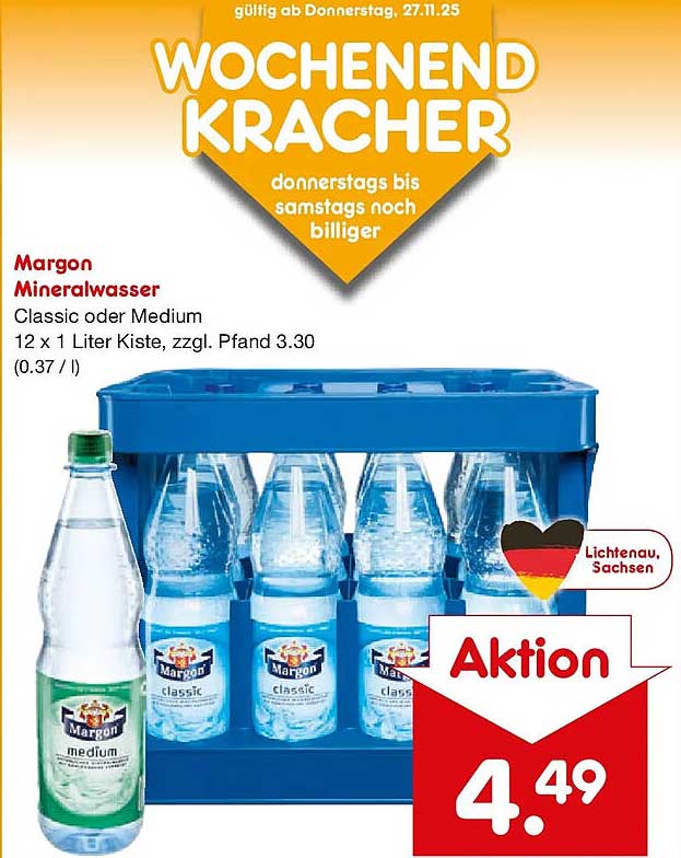 Margon Mineralwasser 12 x 1 Liter Kiste, Classic oder Medium