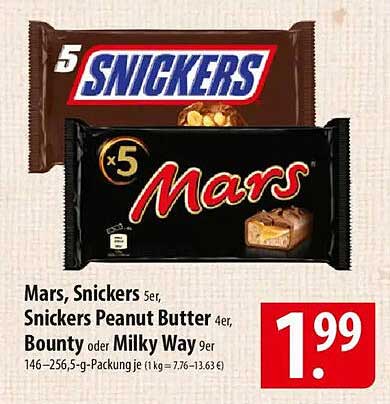 Mars, Snickers 5er, Snickers Peanut Butter 4er, Bounty oder Milky Way 9er