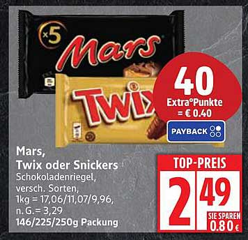 Mars, Twix oder Snickers - Schokoladenriegel, verschiedene Sorten