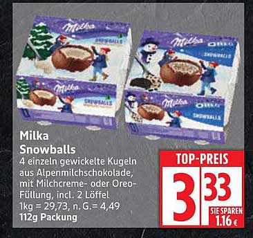 Milka Snowballs - 4 einzeln gewickelte Kugeln aus Alpenmilchschokolade